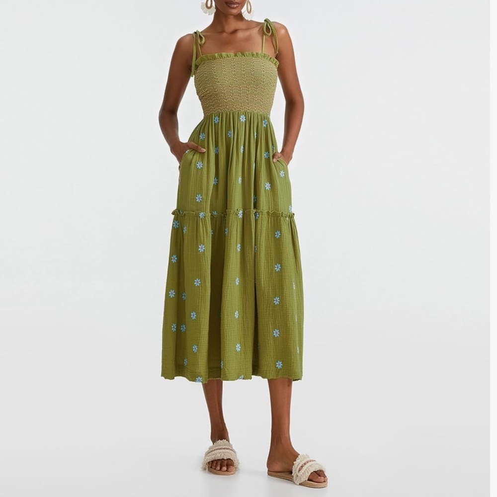 Smocked Tiered Midi Dress in Olive Green - Picture 6 of 10